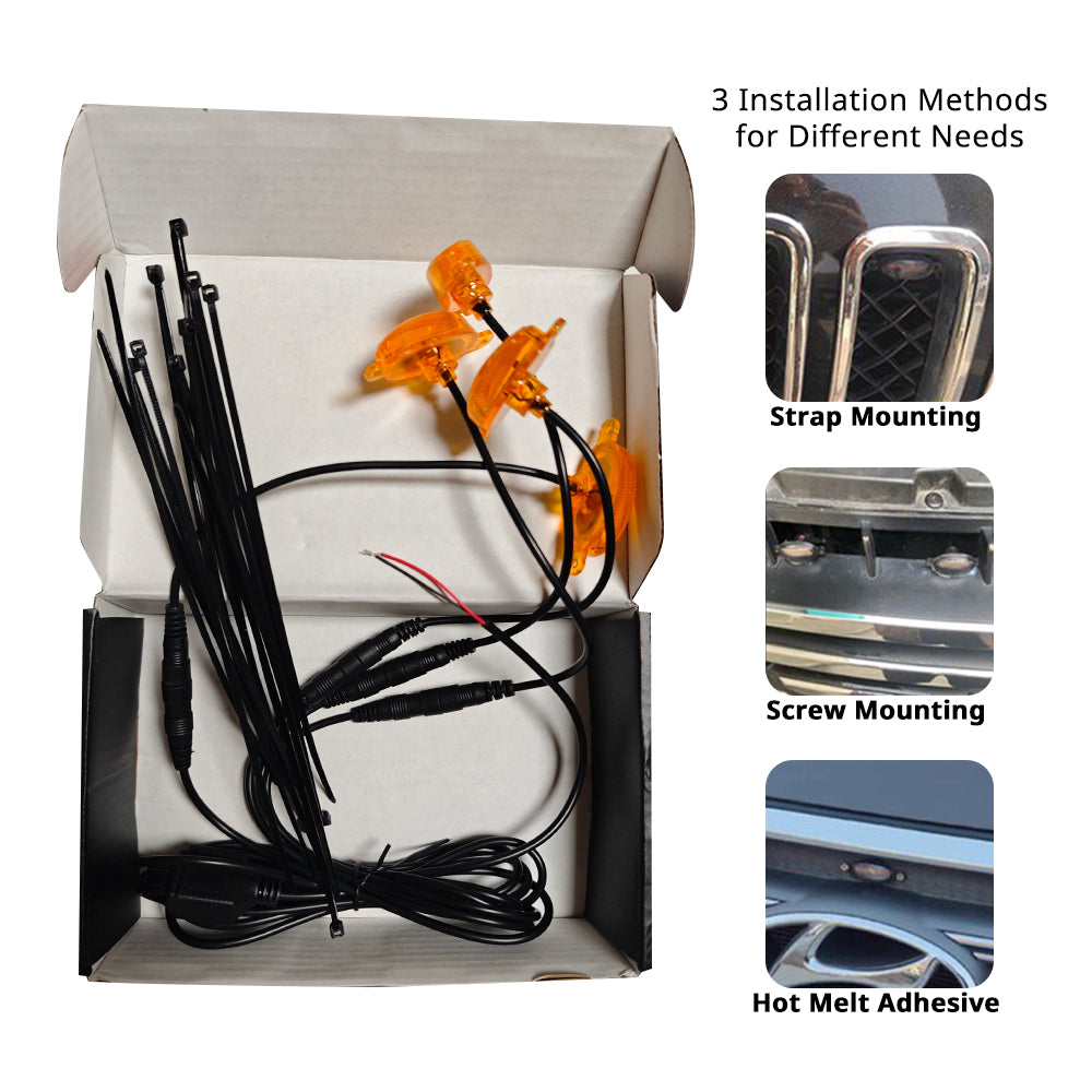 Amber grille light kit with strap, screw, and adhesive mounting options for different truck and SUV grille designs.