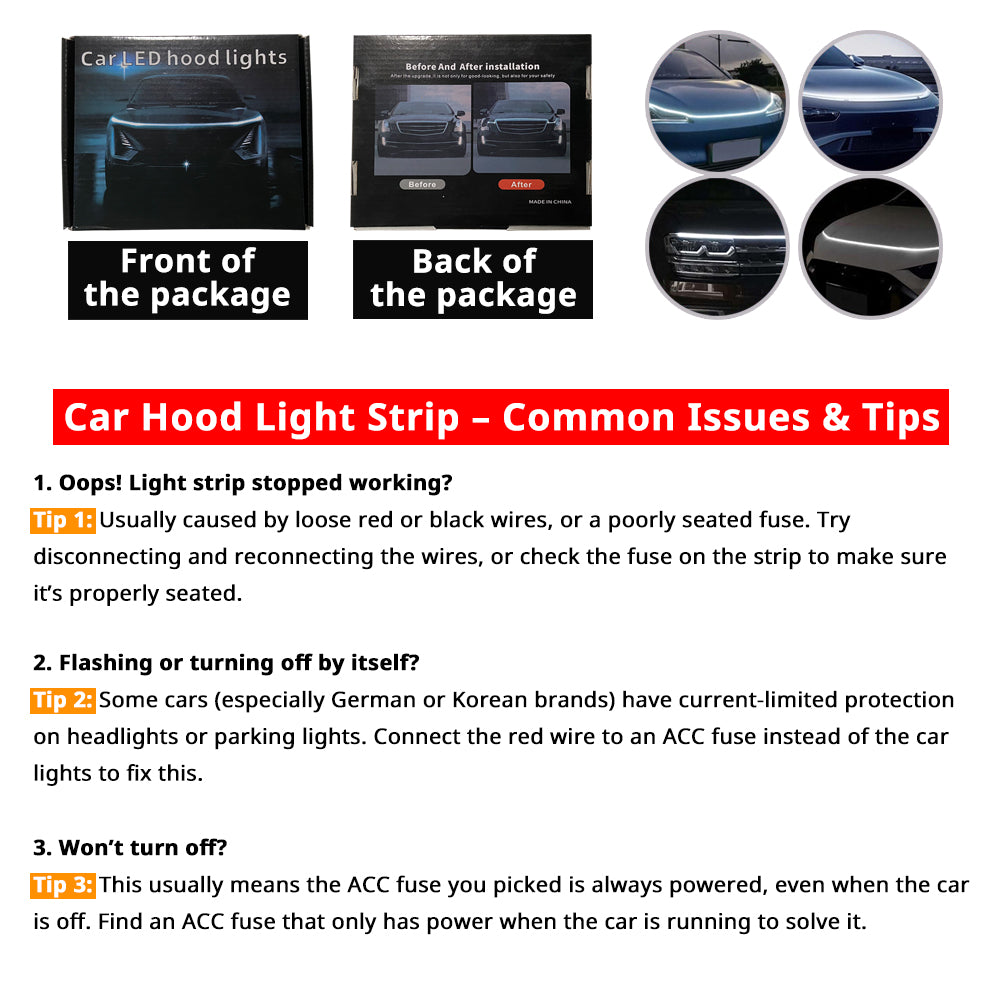 Truck hood LED light strip common tips cover loose wires, current-limited circuits, and choosing the right ACC fuse.