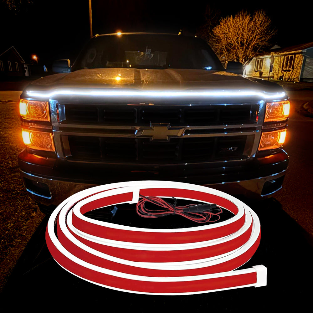 Truck hood LED light strip adds a bold front-end glow across the hood line for stronger night styling.