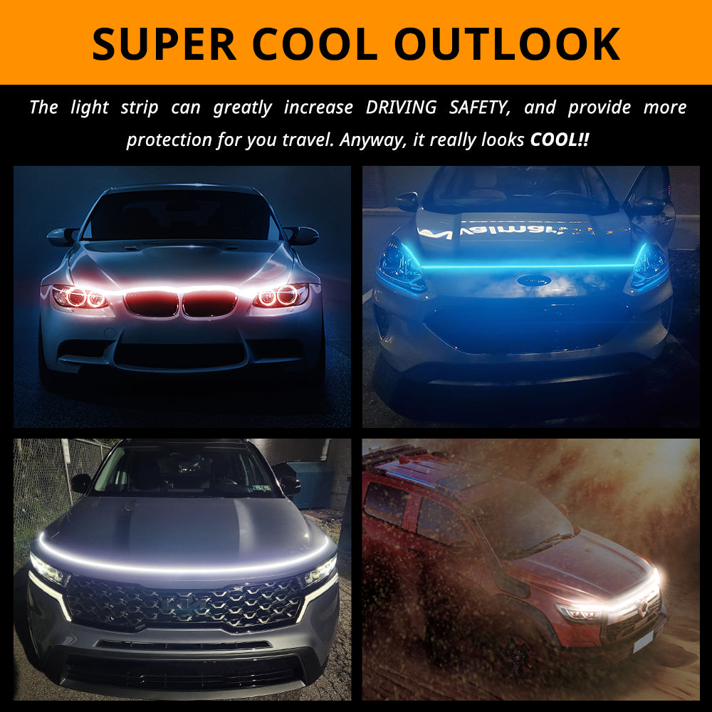Truck hood LED light strip gives front grilles and hood lines a cooler night presence in white, red, or ice blue.