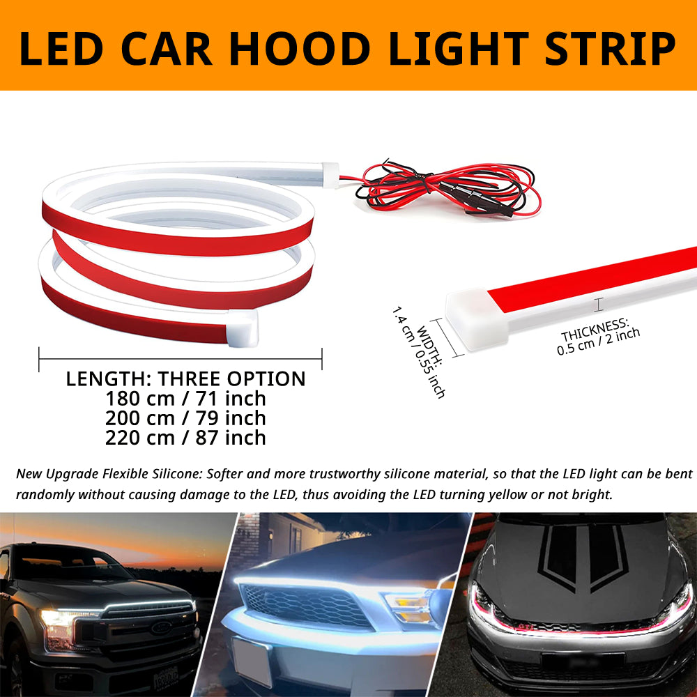 Truck hood LED light strip comes in 71-inch, 79-inch, and 87-inch lengths for different hood widths.