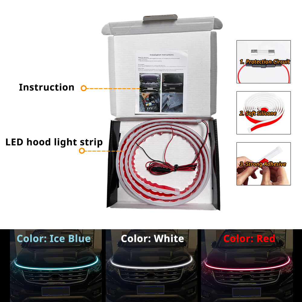 Truck hood LED light strip package includes the light strip, instruction sheet, wiring parts, and color option examples.