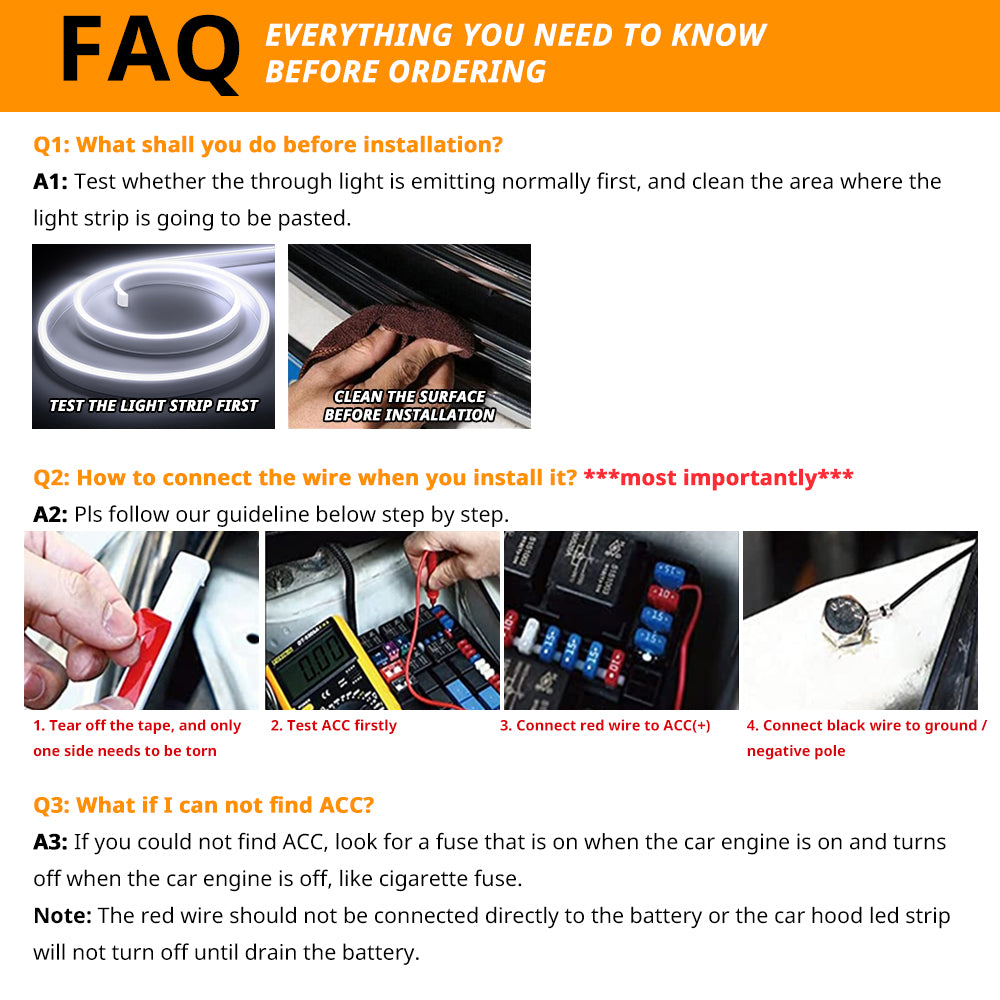 FAQ for truck hood LED light strips covers surface prep, ACC wiring, grounding, and common troubleshooting tips.