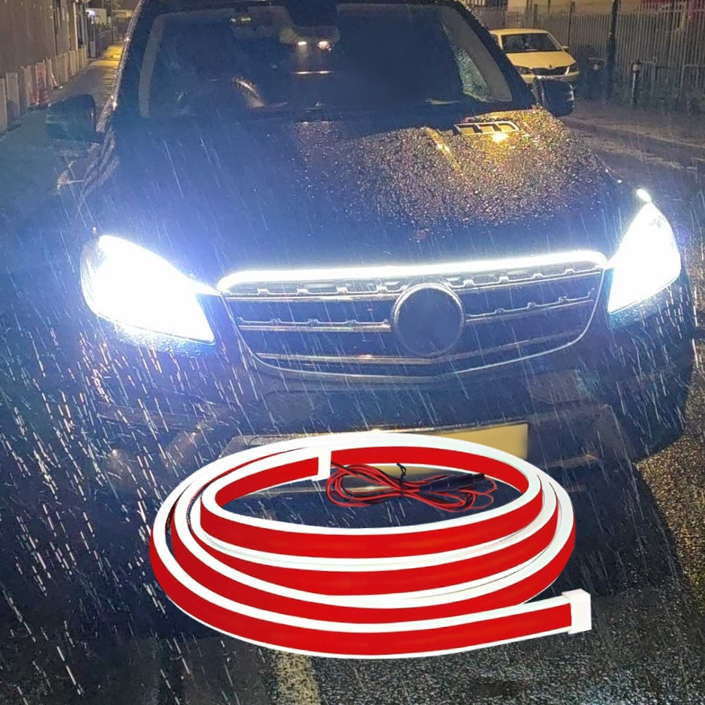 Truck hood LED strip adds a bright white front-end glow on a rainy night for a stronger road presence.
