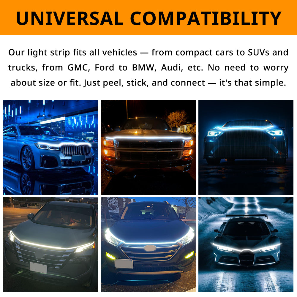 Truck hood LED strip shown on different front-end layouts for universal styling across many vehicle types.
