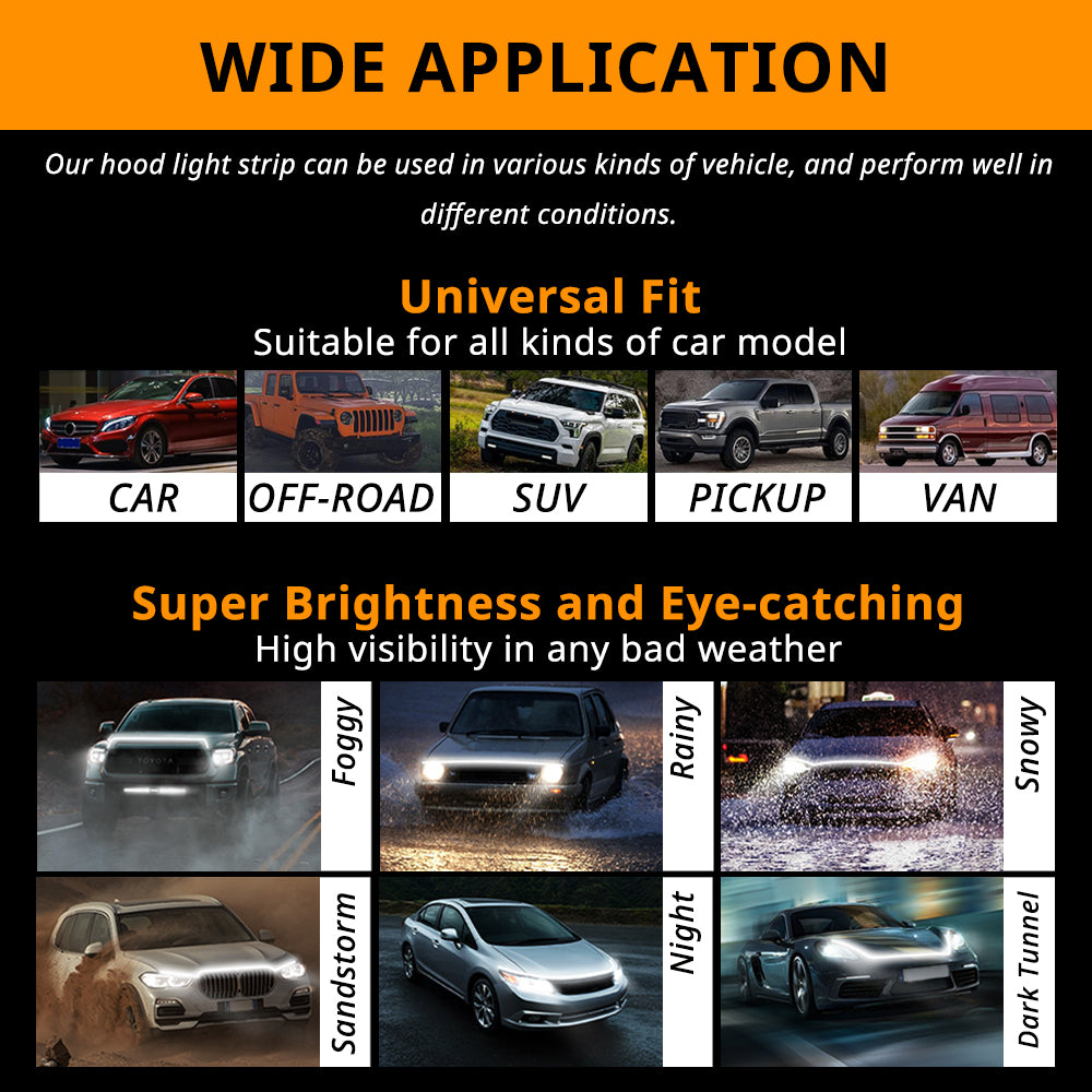 Truck hood LED strip fits many cars, SUVs, pickups, vans, and off-road vehicles when the hood path is measured first.