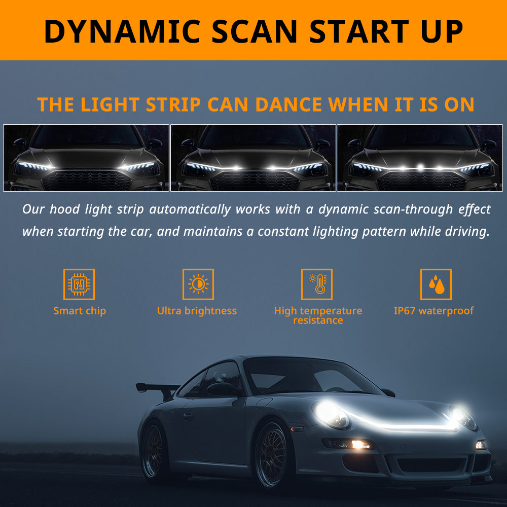 Truck hood light strip creates a dynamic scan startup effect before switching into a steady front-end accent glow.