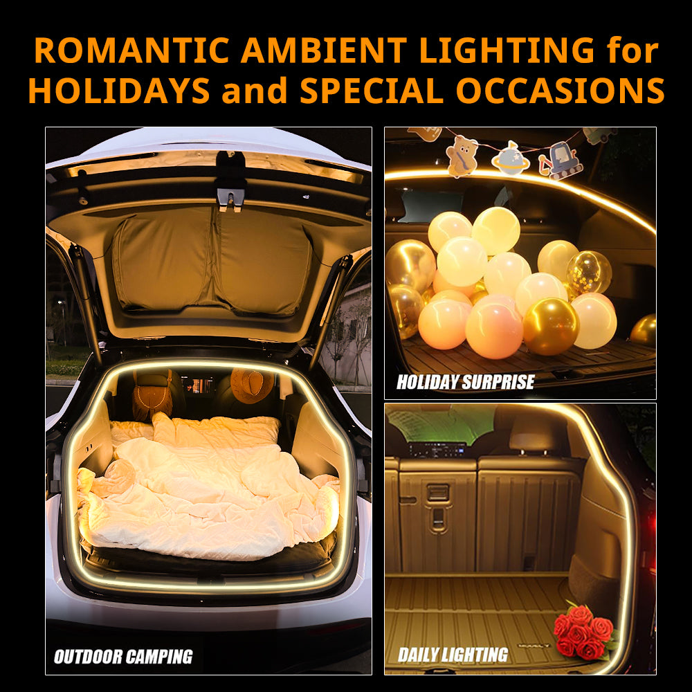 Rear trunk LED strip creates warm cargo-area ambient lighting for camping, holidays, and special setup moments.