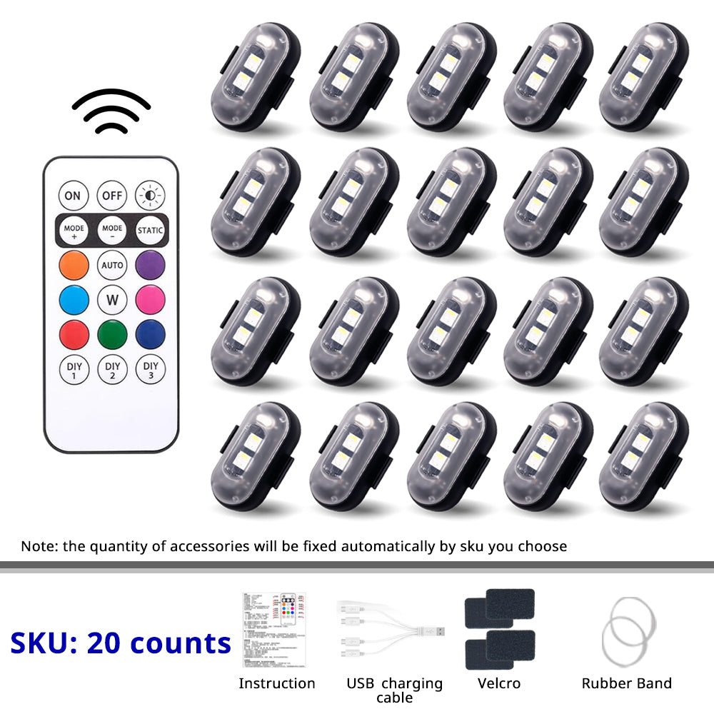 20-piece RGB rechargeable light pack with remote control for full-cabin, trunk, door, and multi-zone accent lighting setups.