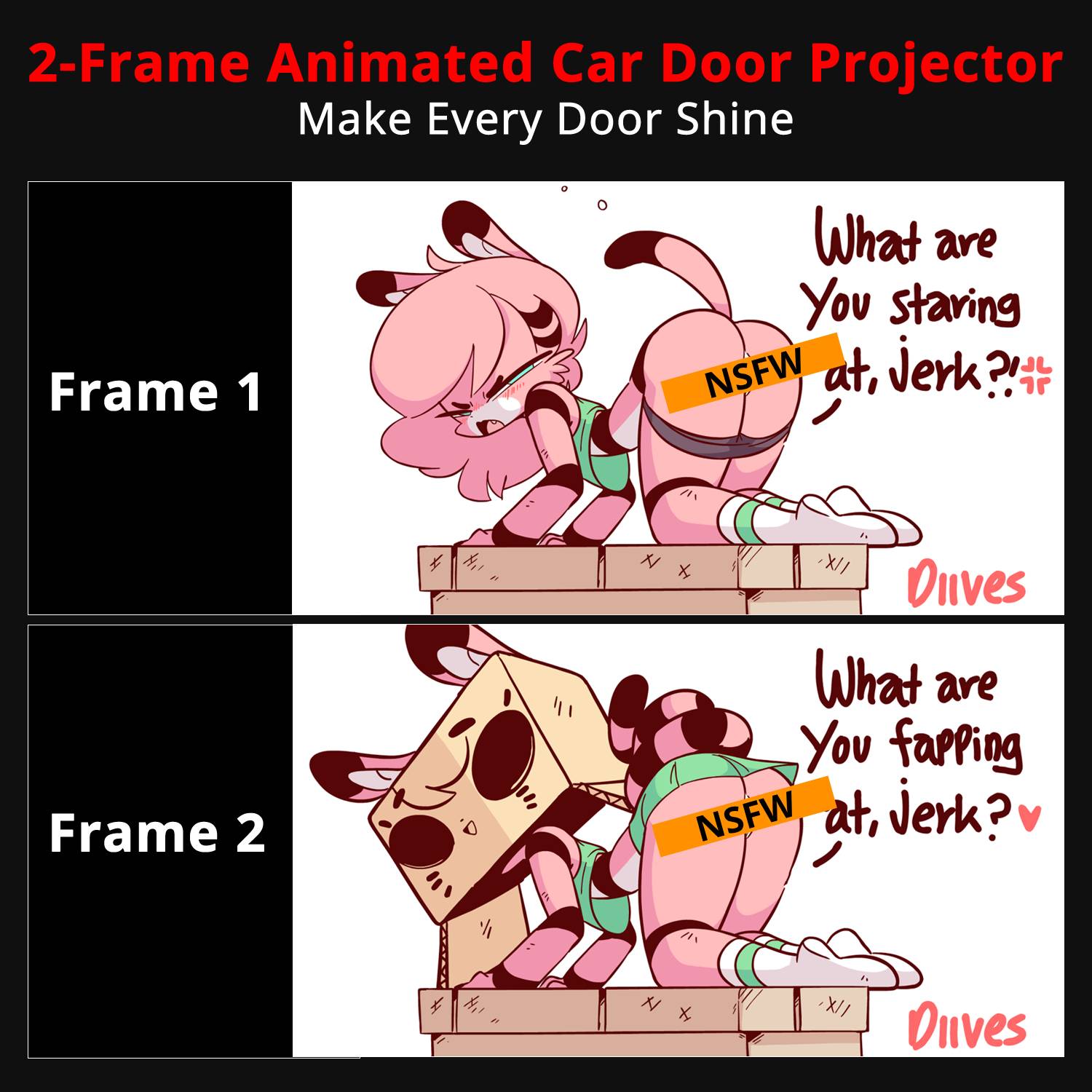 Two-frame animated car door projector artwork changes between designs for a more playful welcome light effect.