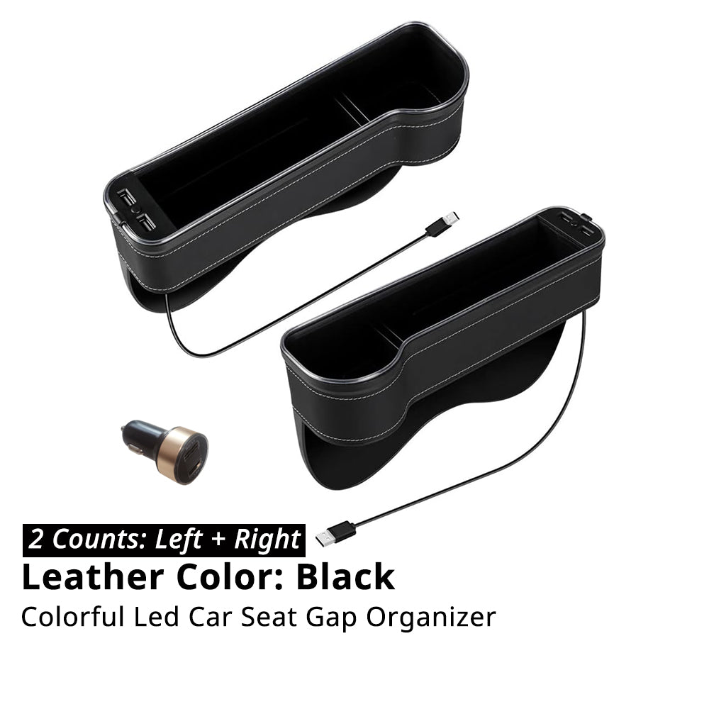 Left and right 2-pack LED car seat gap organizer set with cigarette lighter USB adapter for both front seats.