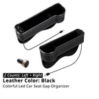 Left and right 2-pack LED car seat gap organizer set with cigarette lighter USB adapter for both front seats.