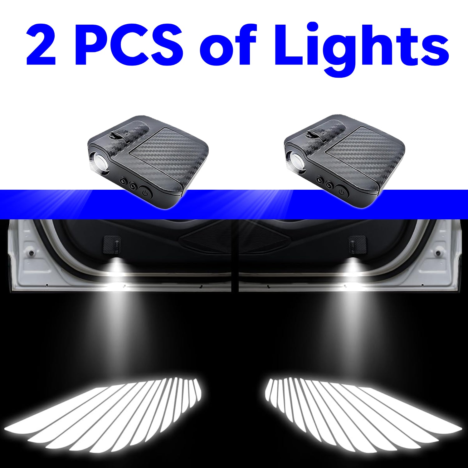 2-piece angel wing car door puddle light set for left and right door welcome projection.