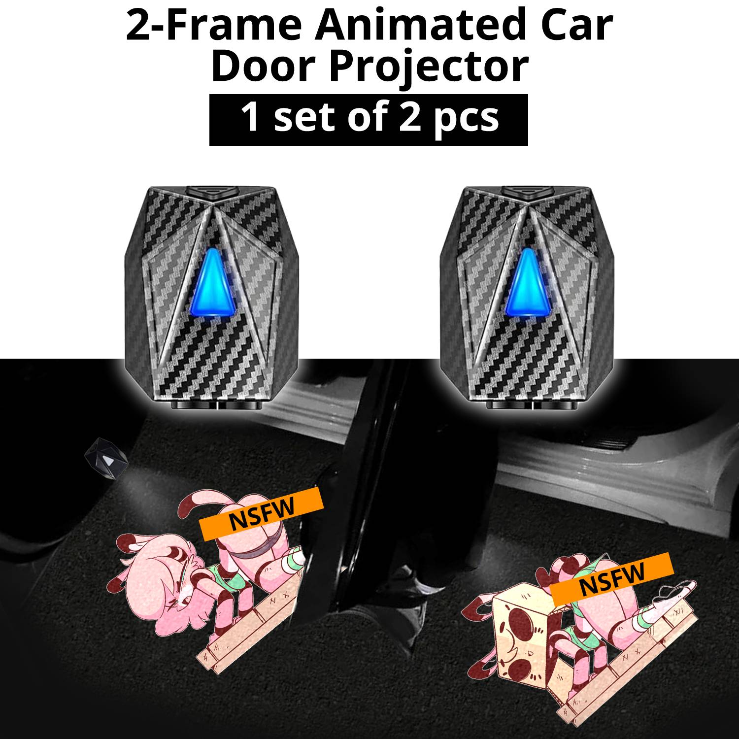2-piece custom animated car door projector set with matching artwork lights for left and right door welcome glow.