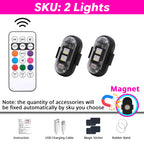 2-piece magnetic RGB light set with remote control, USB charging cable, stickers, magnets, and rubber bands.