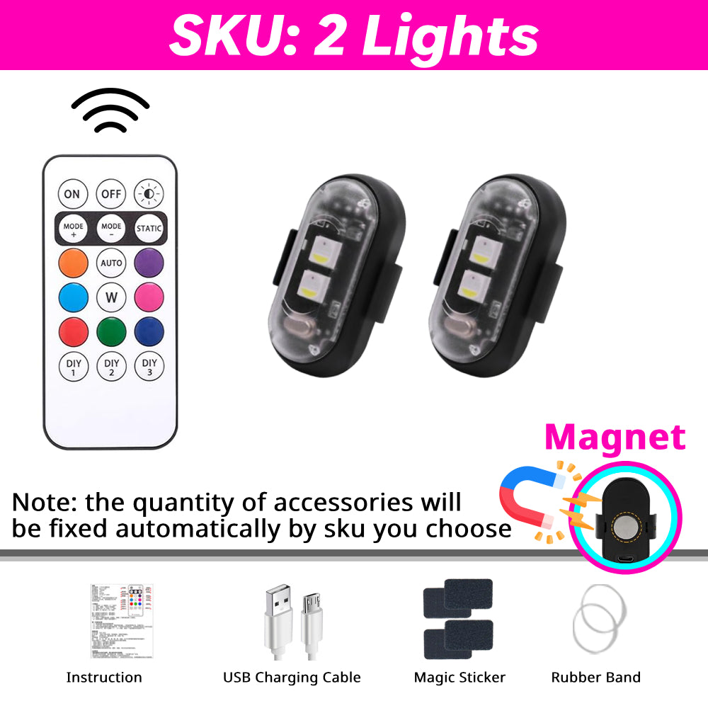 2-piece magnetic RGB light set with remote control, USB charging cable, stickers, magnets, and rubber bands.
