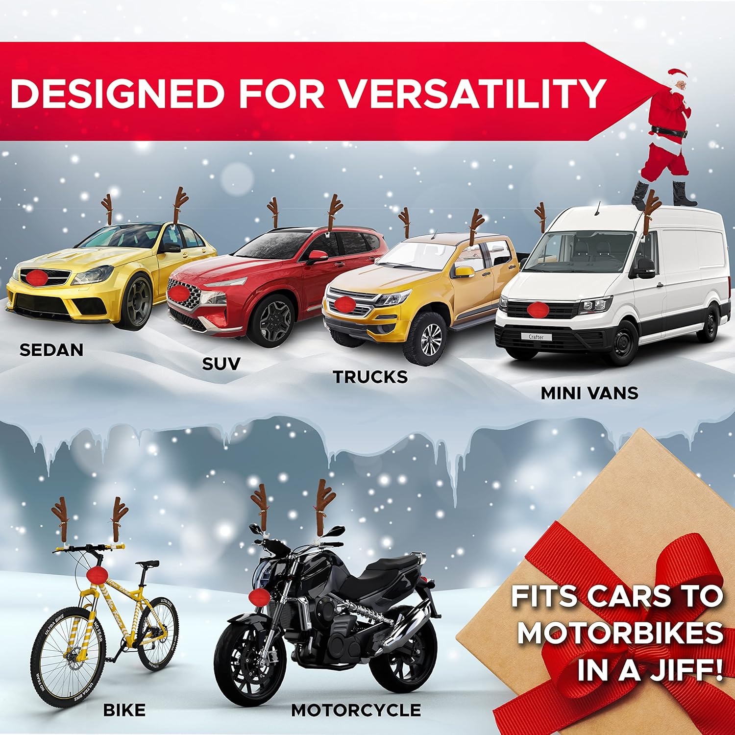 Universal Christmas car antlers fit many cars, SUVs, trucks, minivans, bikes, and motorcycles for holiday decorating.