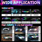 Universal RGB hood light strip shown on cars, SUVs, pickups, off-road vehicles, and other front-end setups.