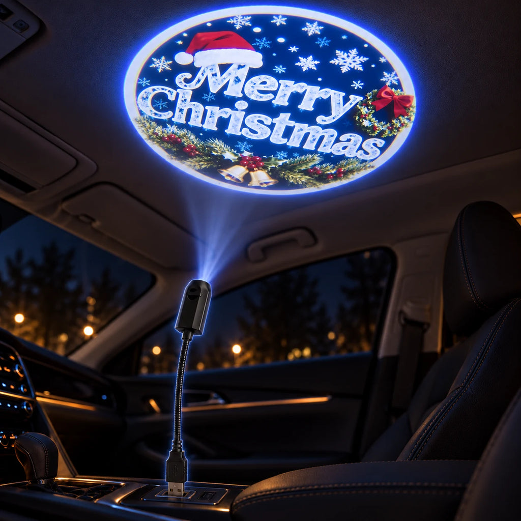 USB Christmas car ceiling projector displaying a Merry Christmas wreath design inside a car.