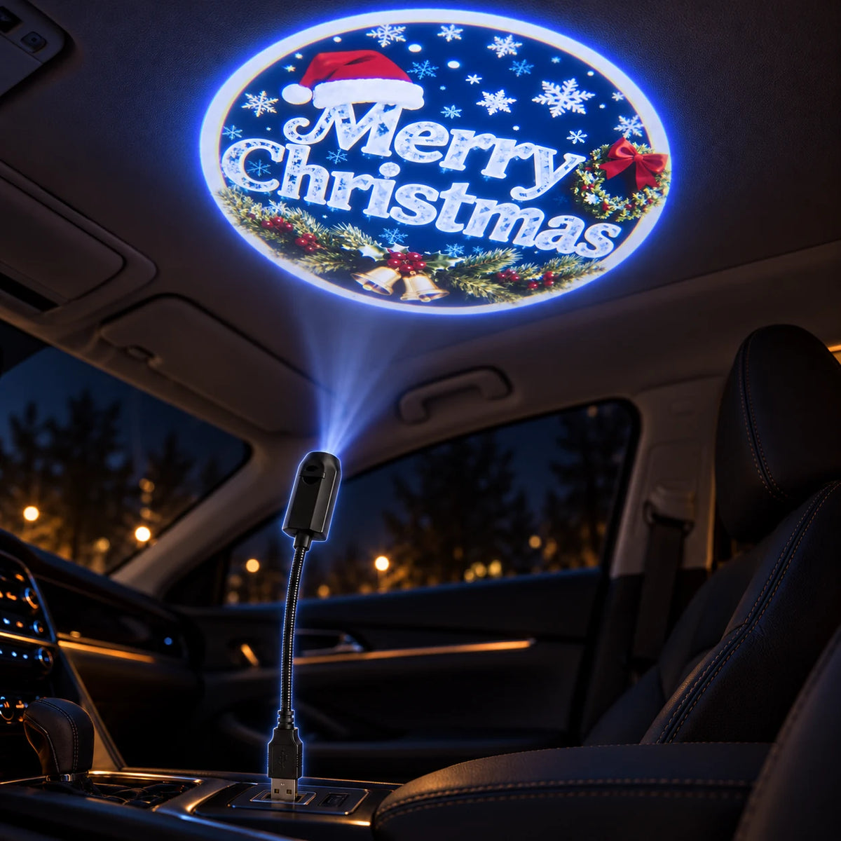 USB Christmas car ceiling projector displaying a Merry Christmas wreath design inside a car.