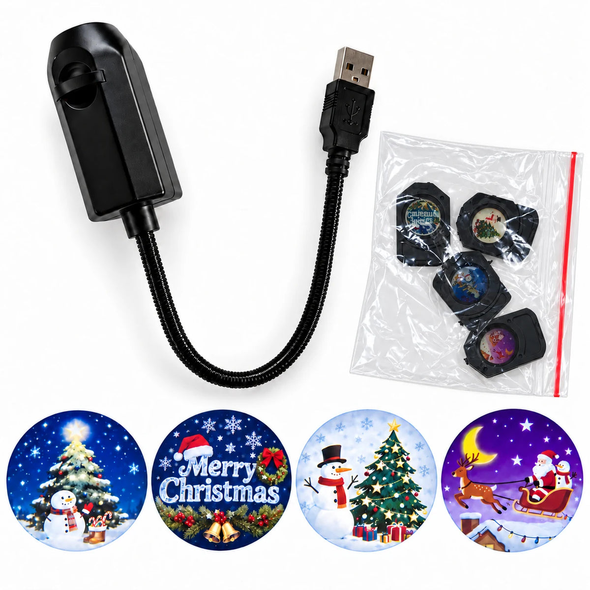 USB Christmas projector light set with one flexible projector and four holiday image slides.