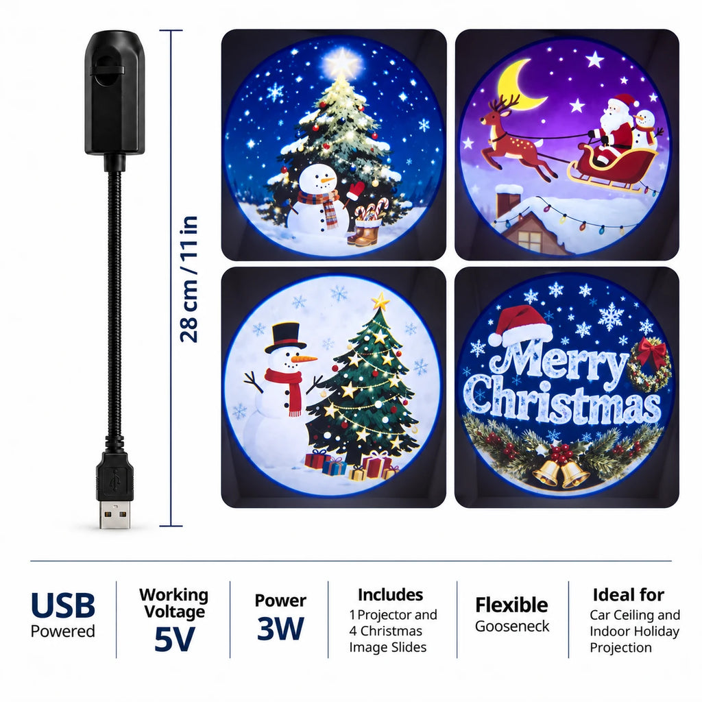 USB Christmas projector light size guide showing 28 cm length, 5V 3W power and four included holiday slides.