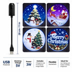 USB Christmas projector light size guide showing 28 cm length, 5V 3W power and four included holiday slides.