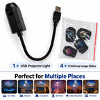 Package contents with one USB Christmas projector light and four interchangeable image slides.