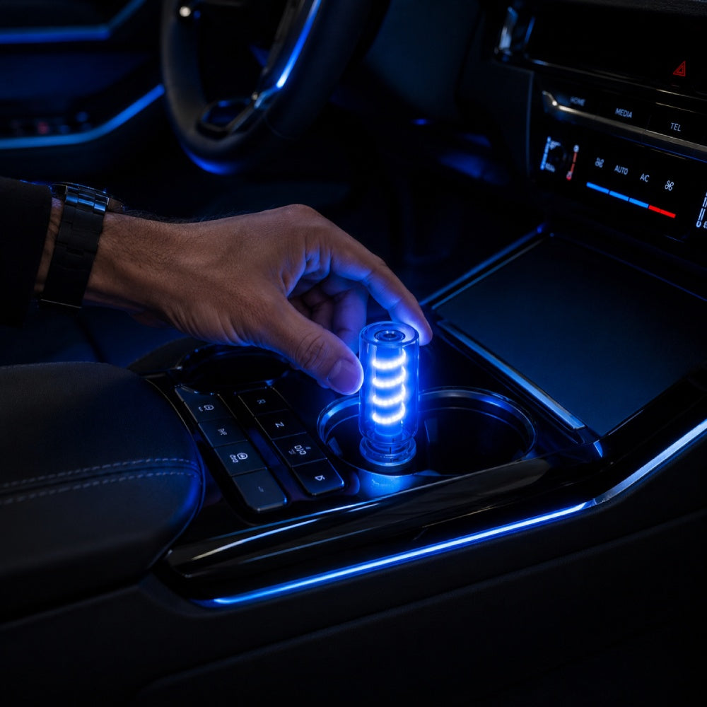 USB LED ambient lamp plugged into a car console creates a soft blue accent glow for night driving atmosphere.
