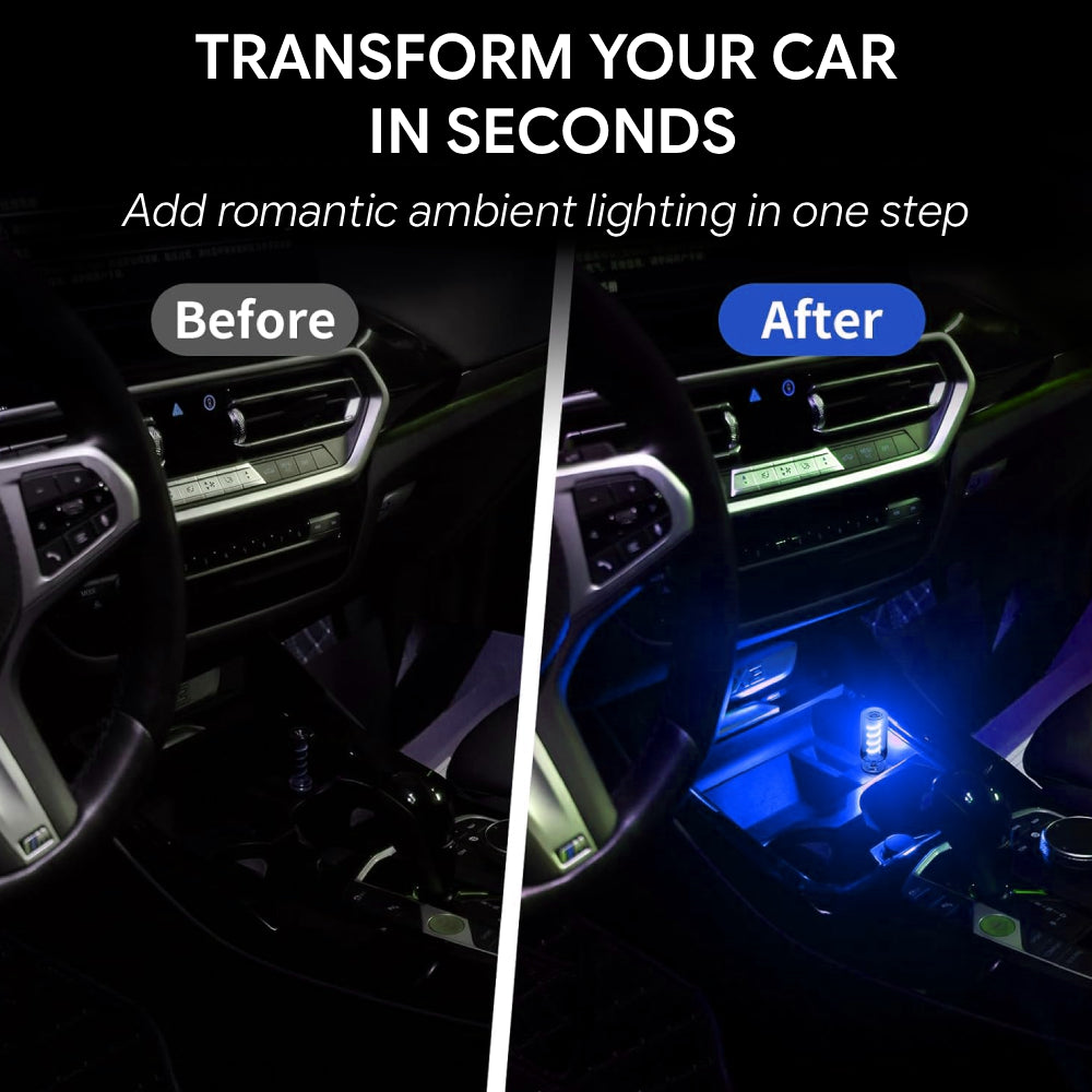 USB LED ambient lamp quickly adds a romantic cabin glow to a dark car interior without permanent installation.