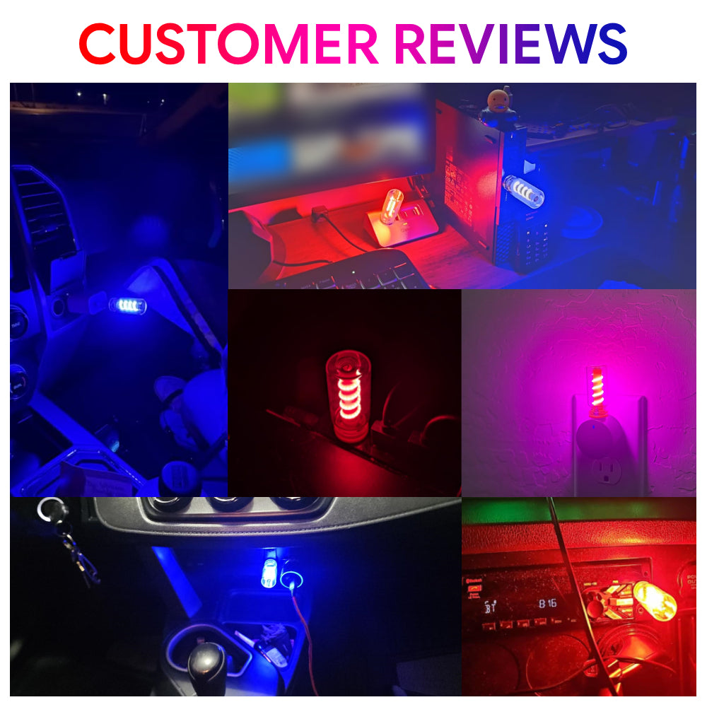 USB LED ambient lamp color scenes add blue, red, pink, and warm accent lighting around car consoles and room corners.