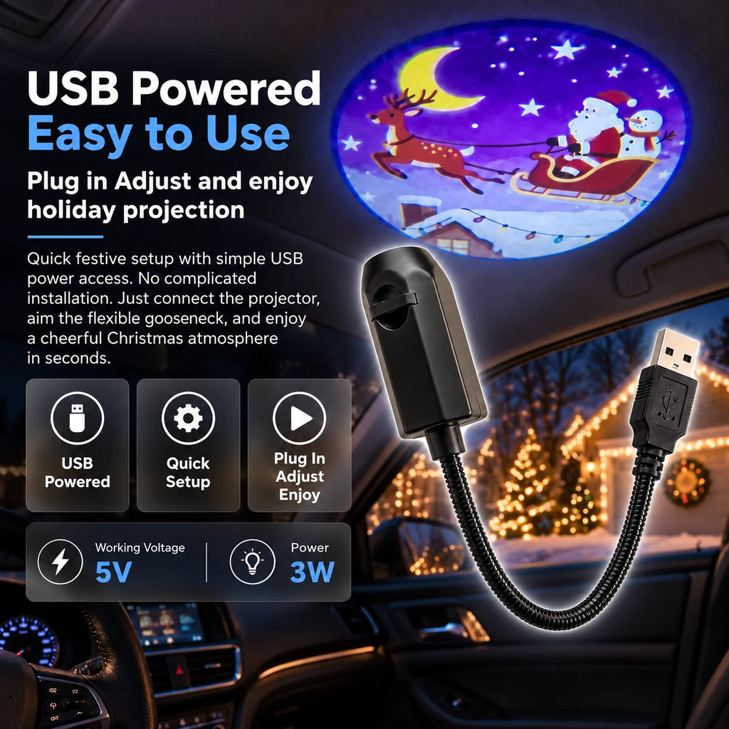 USB powered Christmas car interior projector with 5V 3W operation and a festive Santa sleigh projection.