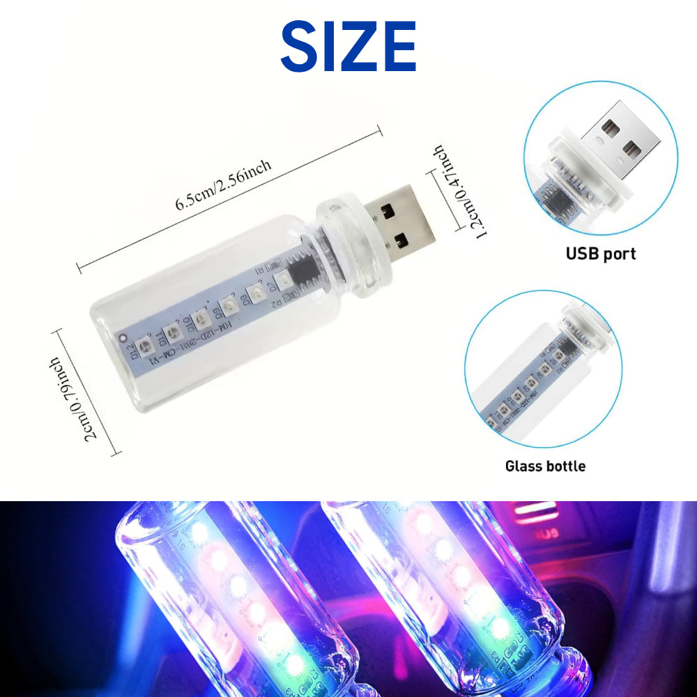 USB RGB mood light size detail with clear glass cover, LED filament, and compact plug-in body.