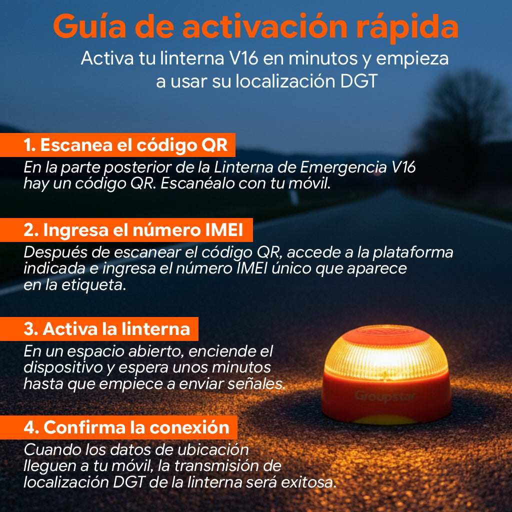 Quick activation guide for the V16 beacon covering QR code scan, device registration, and roadside connection setup.