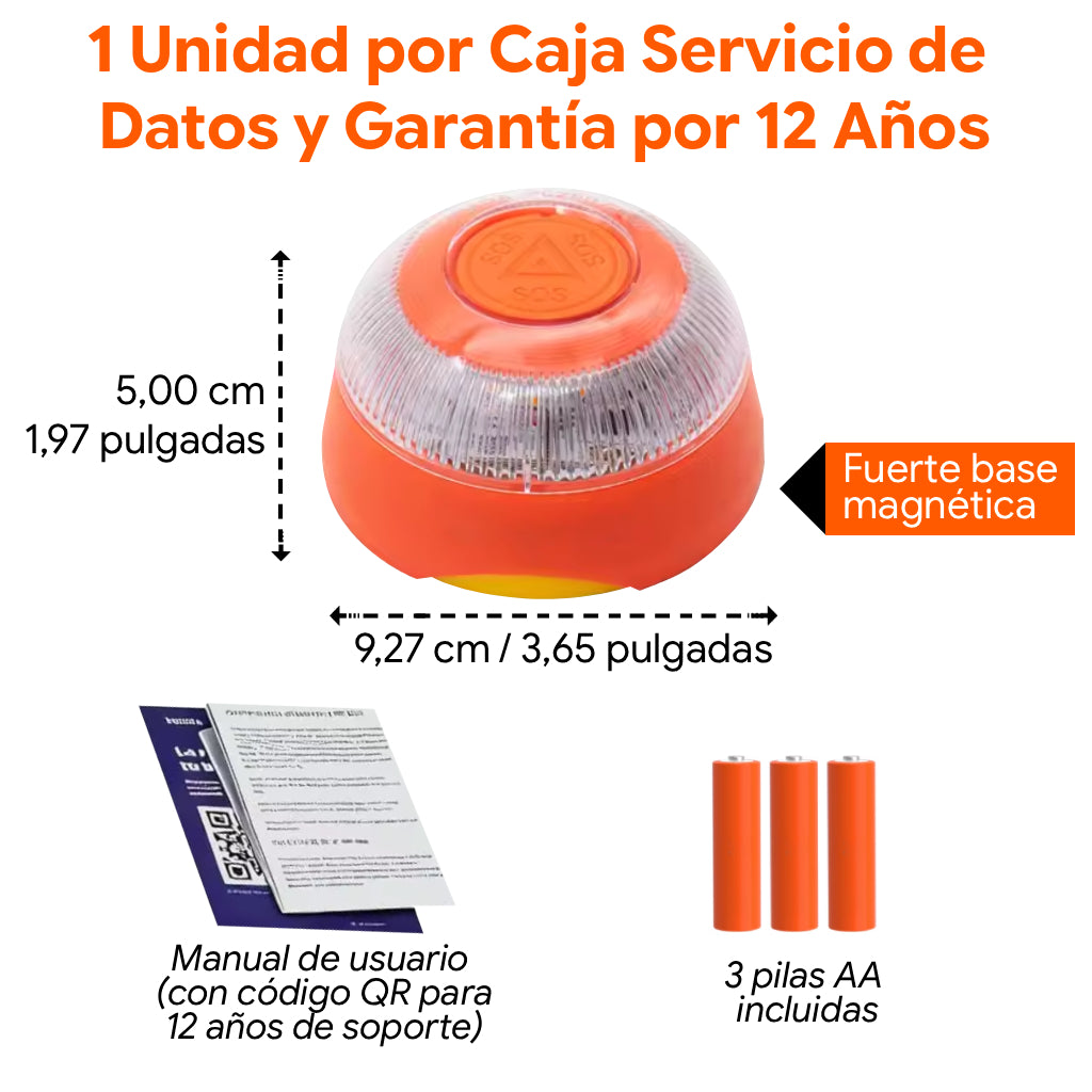 Single-unit V16 beacon package with 12-year data service, magnetic base, user manual, and AA batteries.