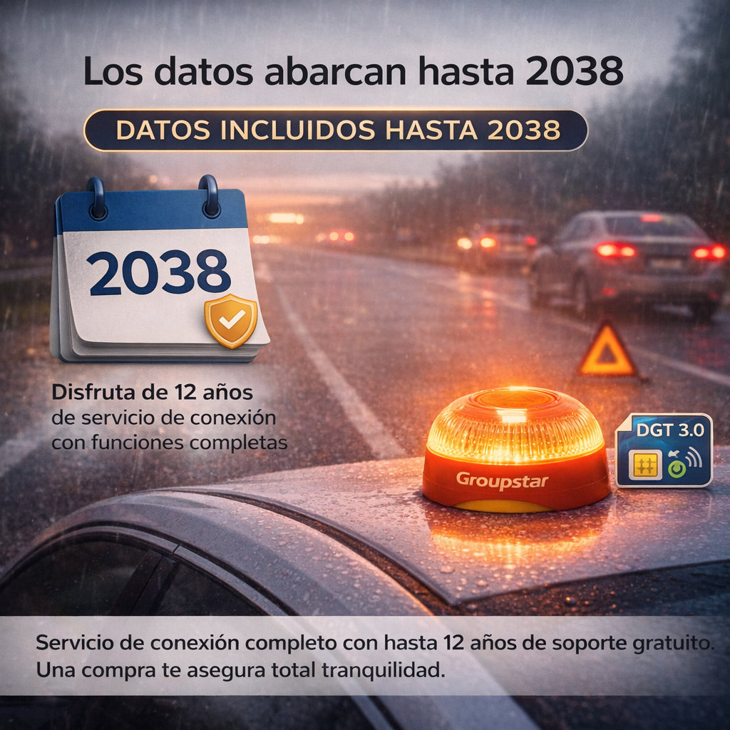 V16 emergency beacon with connected data service included until 2038 for DGT 3.0 roadside warning use.