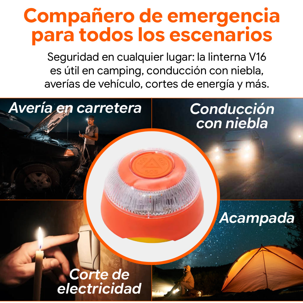 V16 emergency beacon supports roadside breakdowns, foggy driving stops, camping, and power-cut emergency lighting.