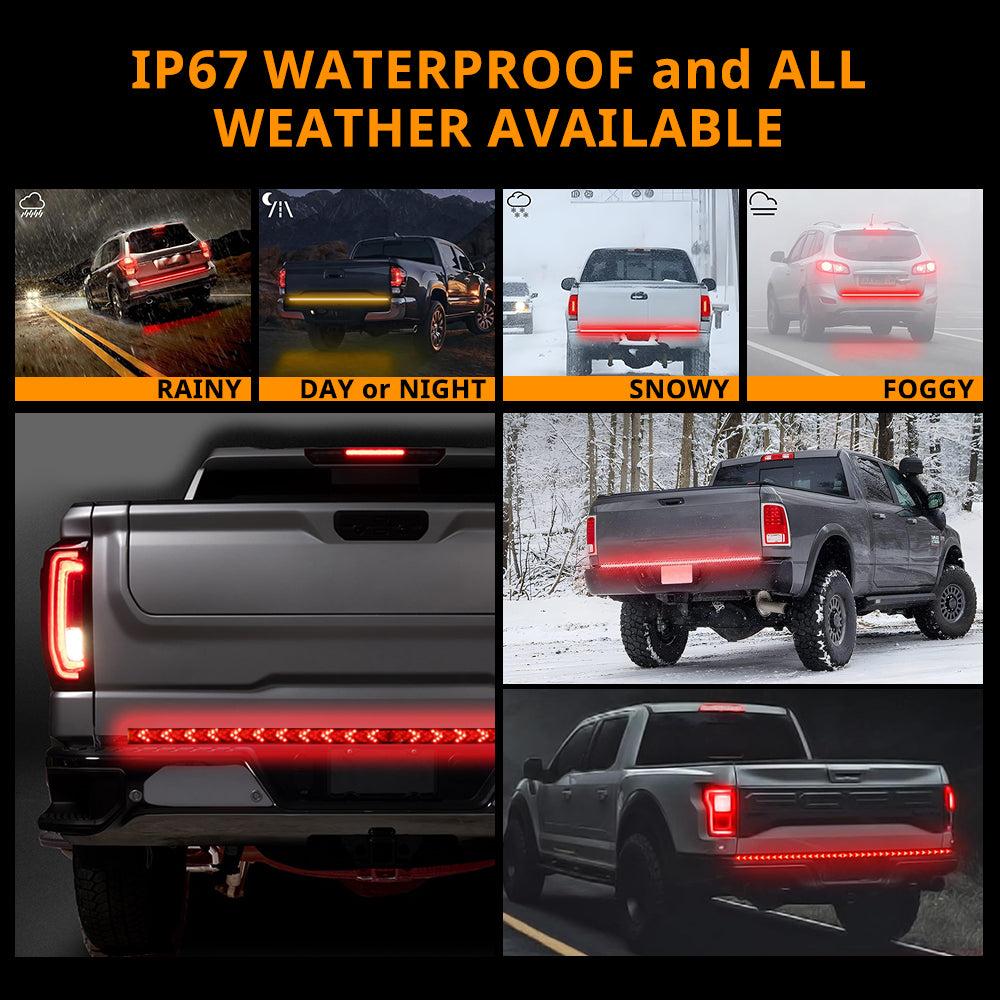 Pickup tailgate LED bar designed for rear exterior styling across rain, snow, fog, and night driving conditions.