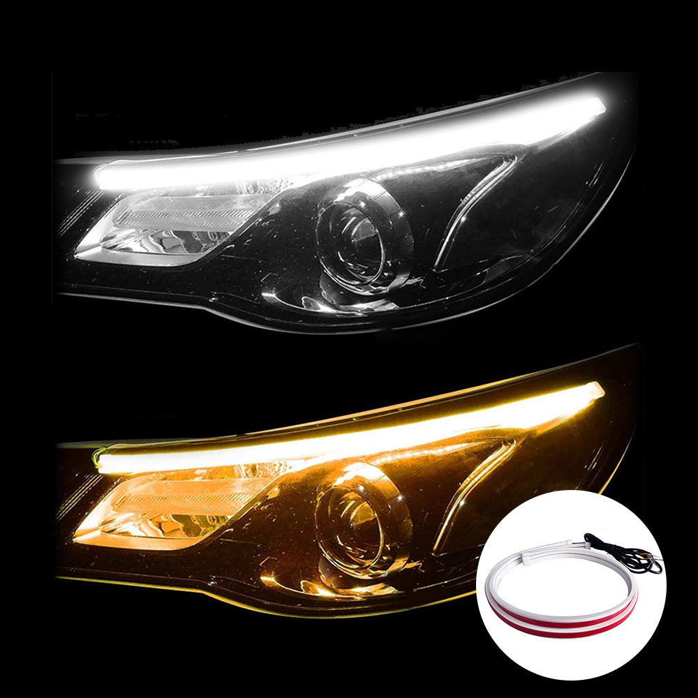 White and amber headlight LED strips installed around the headlight area for DRL styling and turn signal presence.