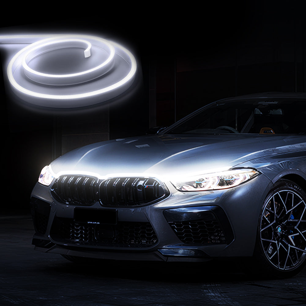 White dynamic scan hood light strip variant with clean front-end glow for car hood accent lighting.