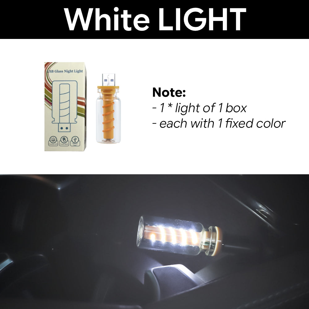 White USB LED ambient lamp provides a clean soft glow for small car, desk, cabinet, or display lighting needs.