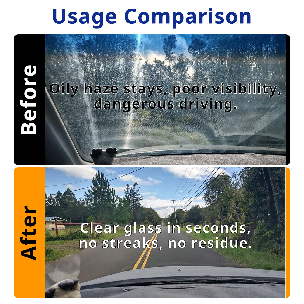 Windshield oil film remover clears cloudy glass, water stains, and poor visibility residue for a cleaner driving view.