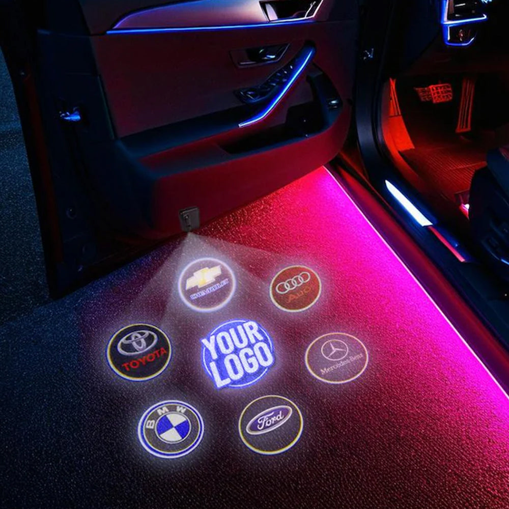 Wireless car door projector lights create bright puddle logo welcome lighting when the door opens.