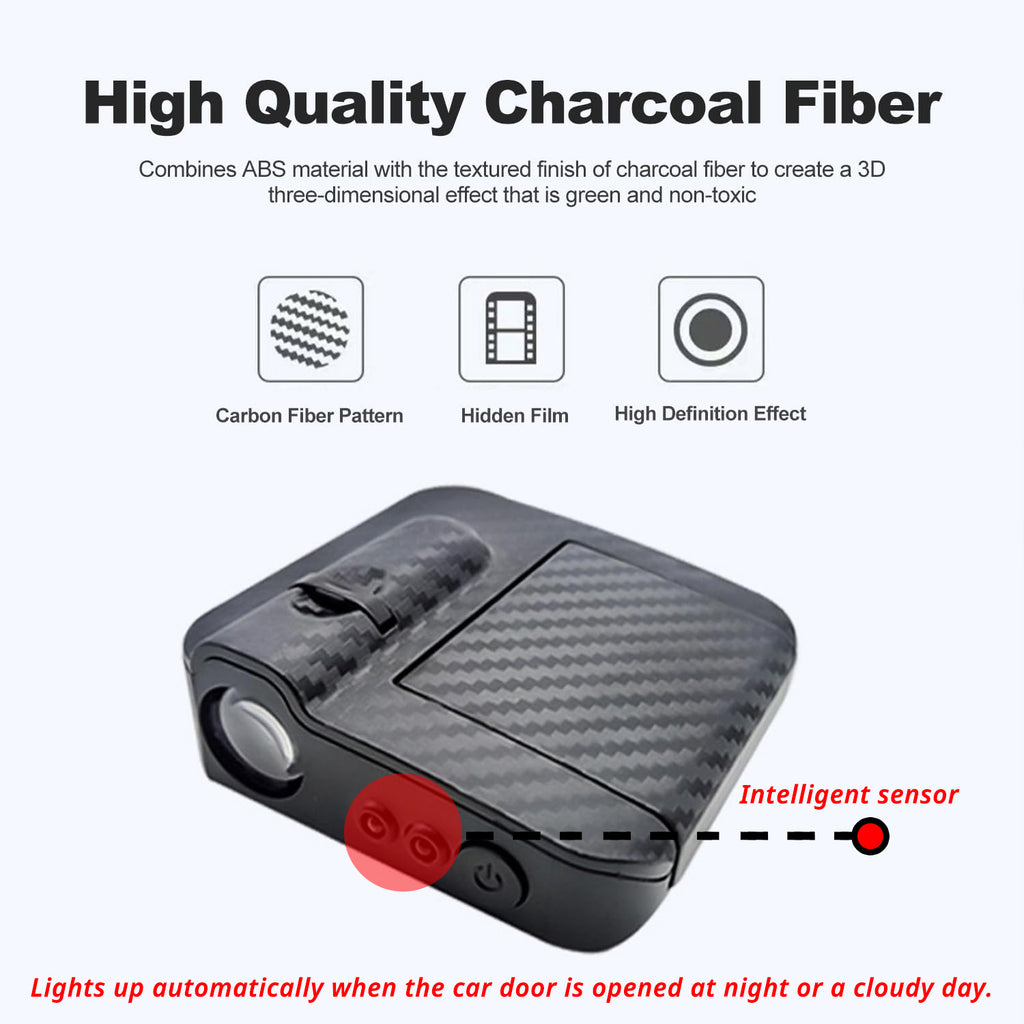 Wireless door projector with charcoal-fiber style shell and light sensor for automatic door-open activation.