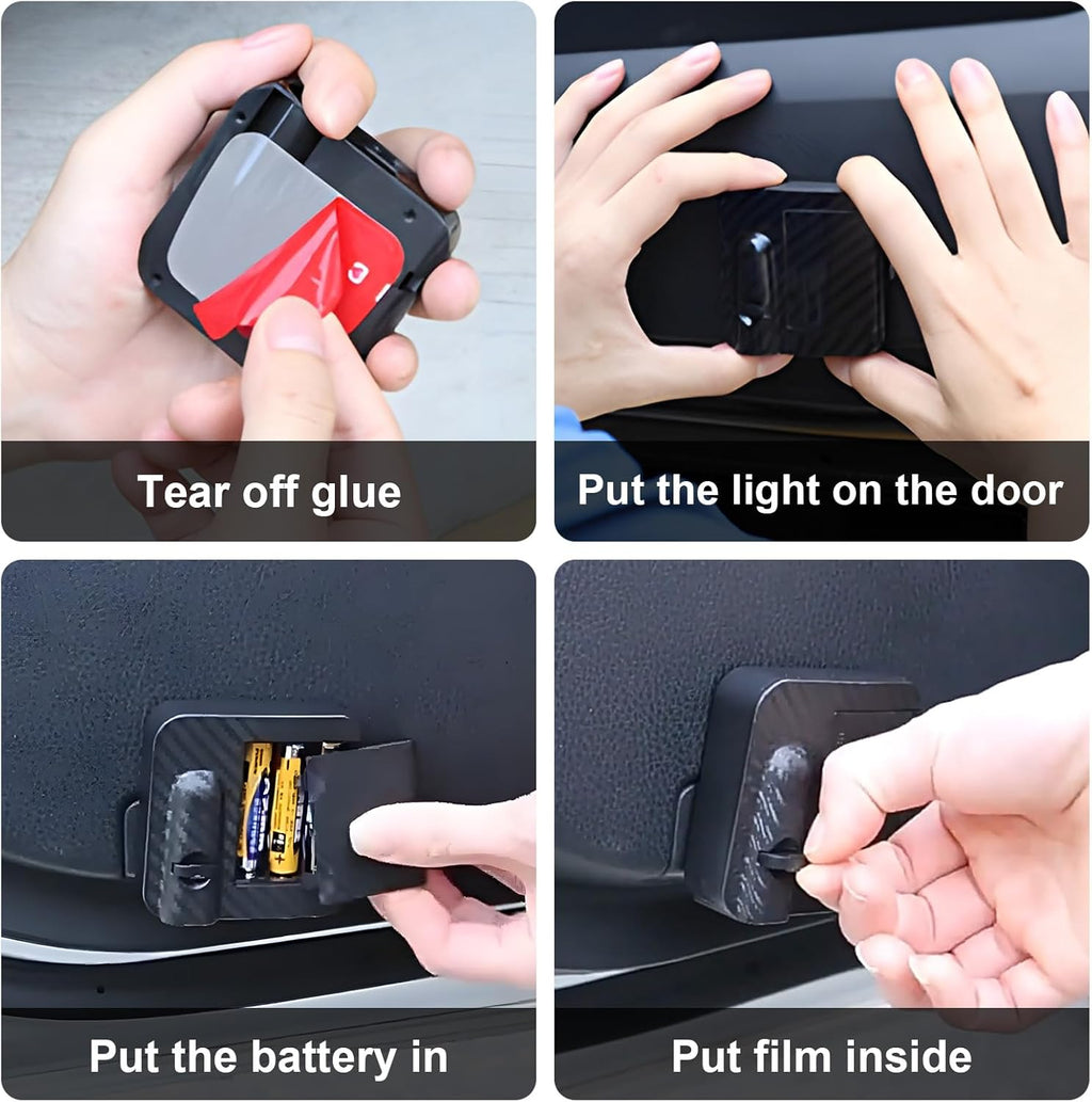 Wireless door projector light setup with adhesive mounting, battery placement, and activation film step.