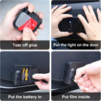 Wireless door projector light setup with adhesive mounting, battery placement, and activation film step.