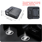 Wireless puddle logo projector size details with AAA battery note and two-light door projection example.
