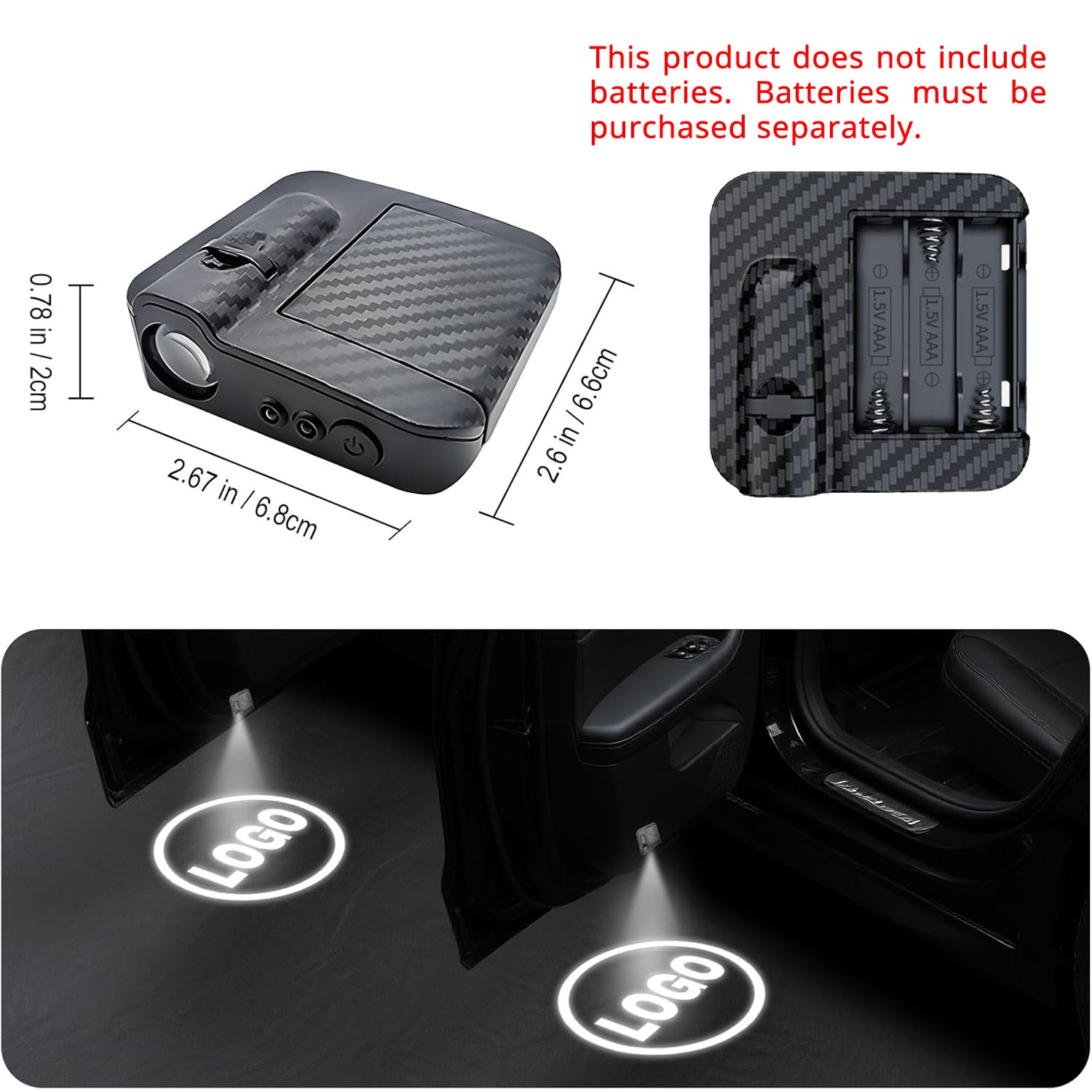 Wireless puddle logo projector size details with AAA battery note and two-light door projection example.