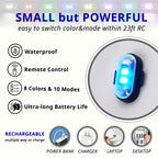 Wireless RGB footwell light highlighting waterproof body, remote control, 8 colors, 10 modes, and long battery life for accent lighting.
