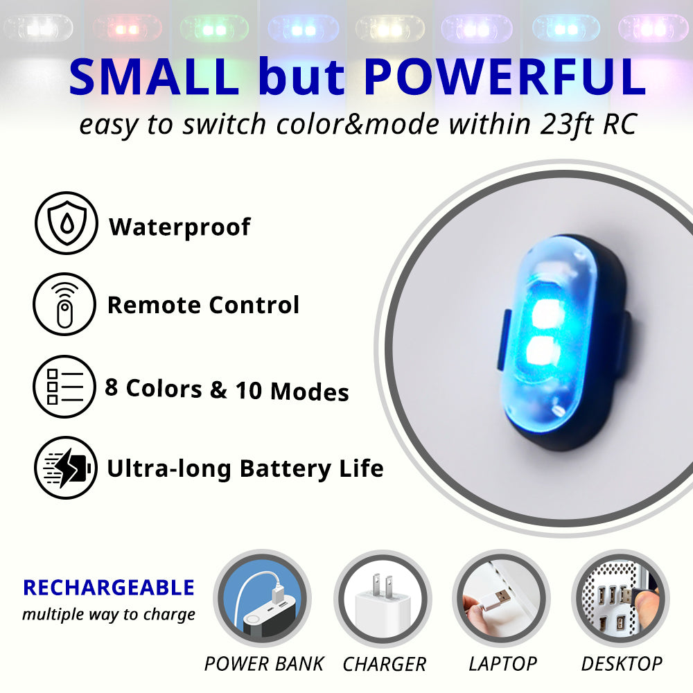 Wireless RGB footwell light highlighting waterproof body, remote control, 8 colors, 10 modes, and long battery life for accent lighting.